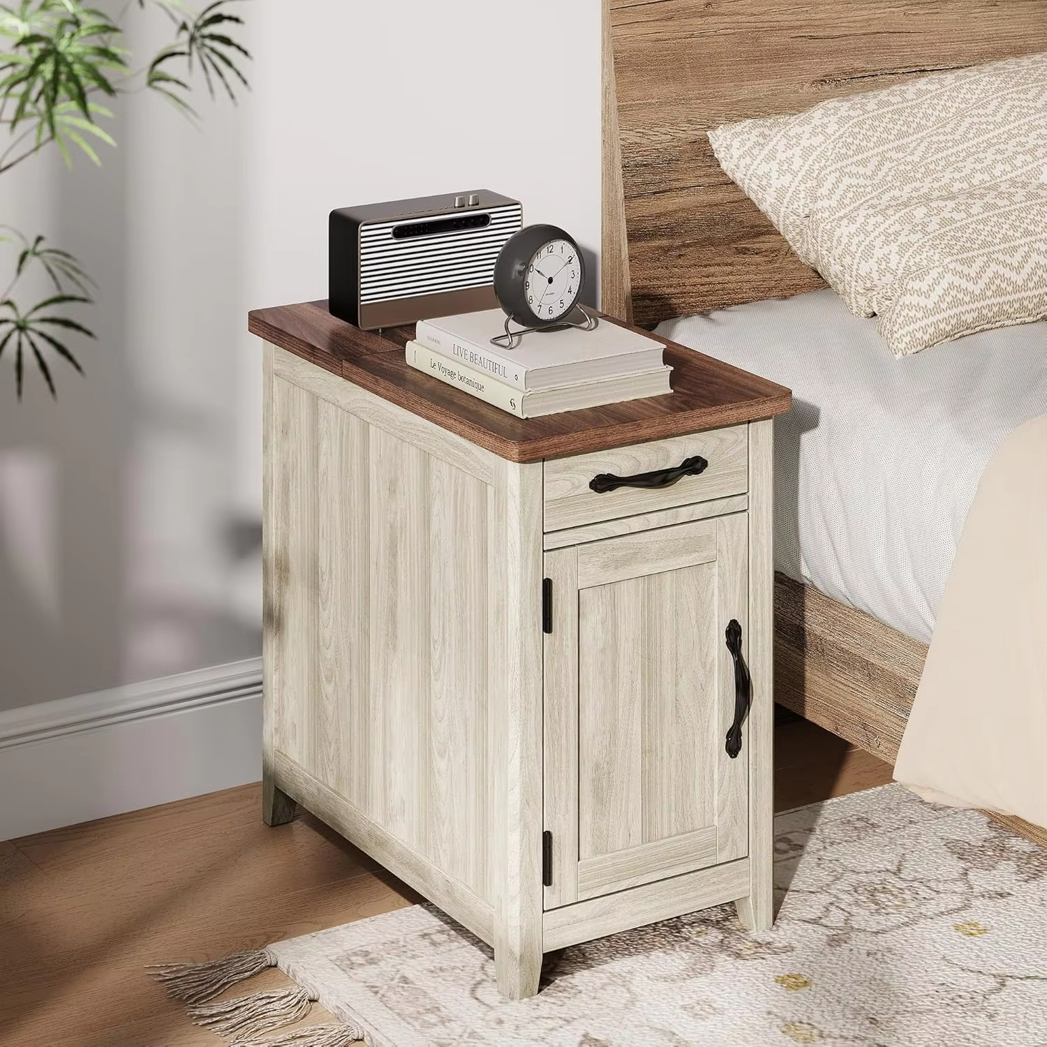 Nightstand with Charging Station Narrow Bedside Table