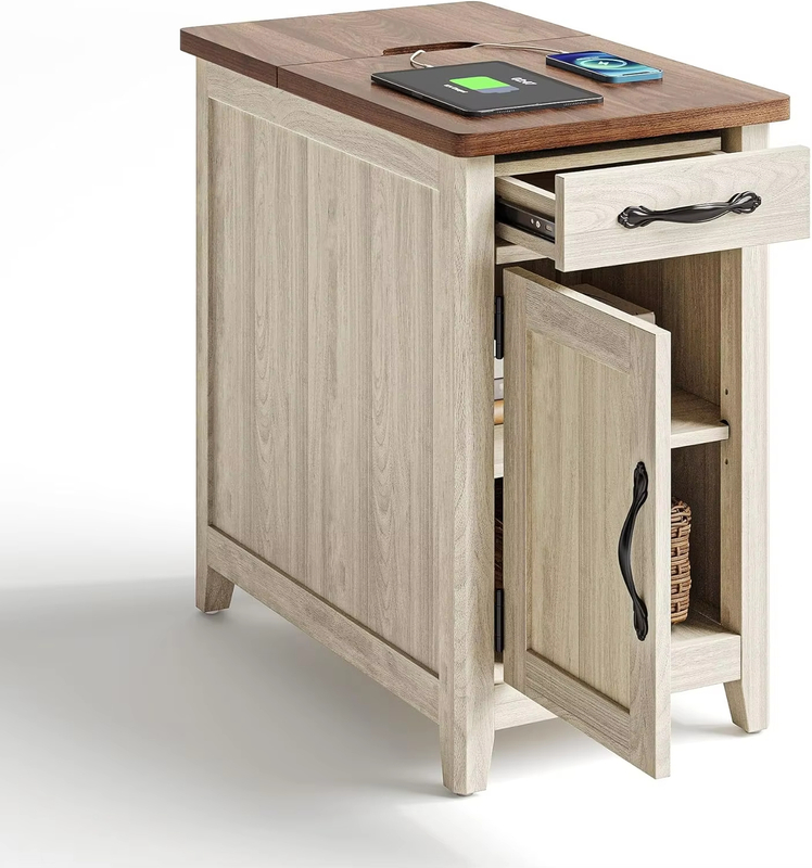 Nightstand with Charging Station Narrow Bedside Table