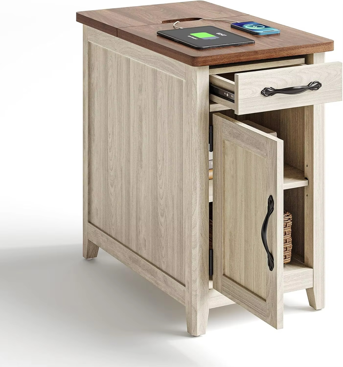 Nightstand with Charging Station Narrow Bedside Table
