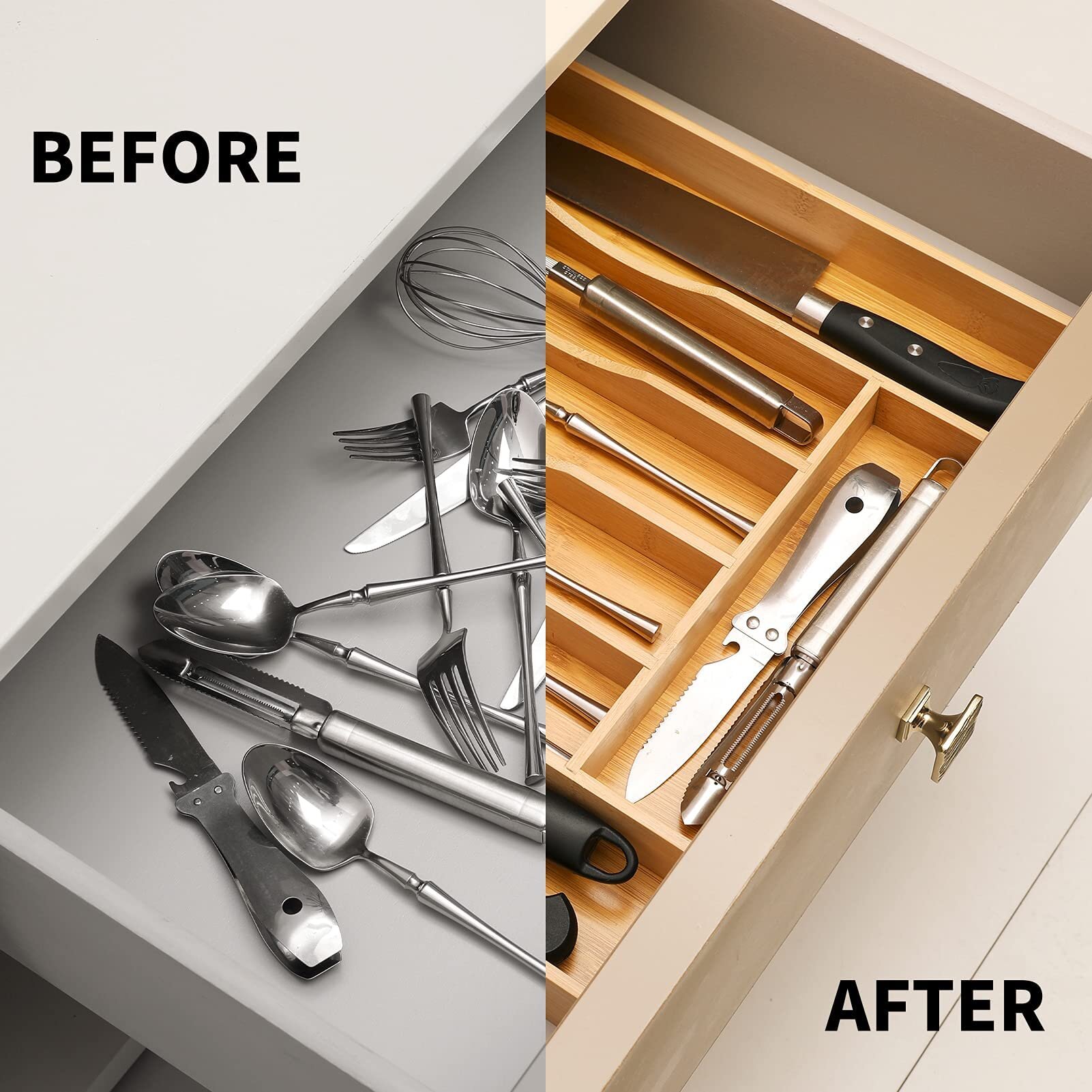 Expandable Bamboo Kitchen Drawer Organizer for Cutlery and Utensils