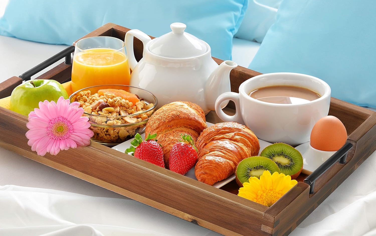 Wood Serving Tray with Black Metal Handles