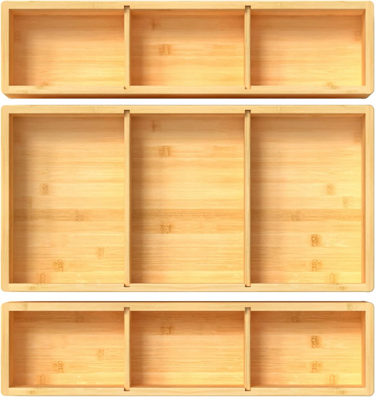  Adjustable 3 Individual Bamboo Drawer Organizer 