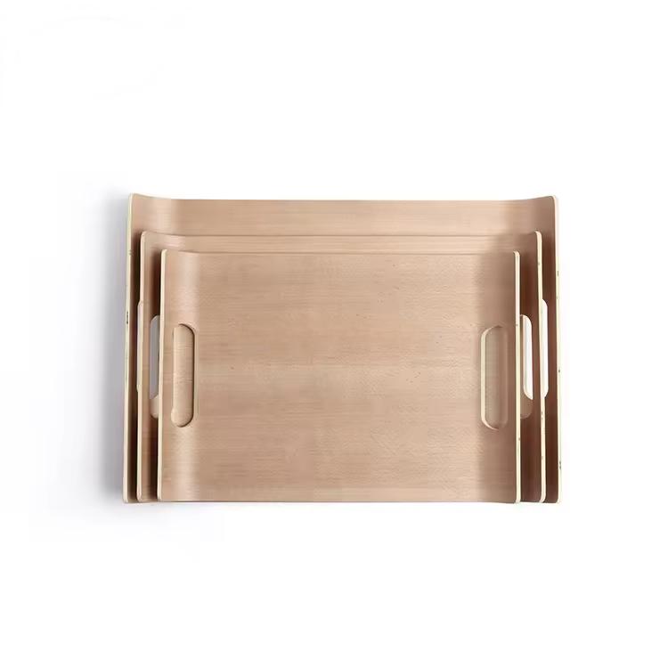 Anti slip Bent Wooden Snack Serving Tray Set With Handles Dinnerware