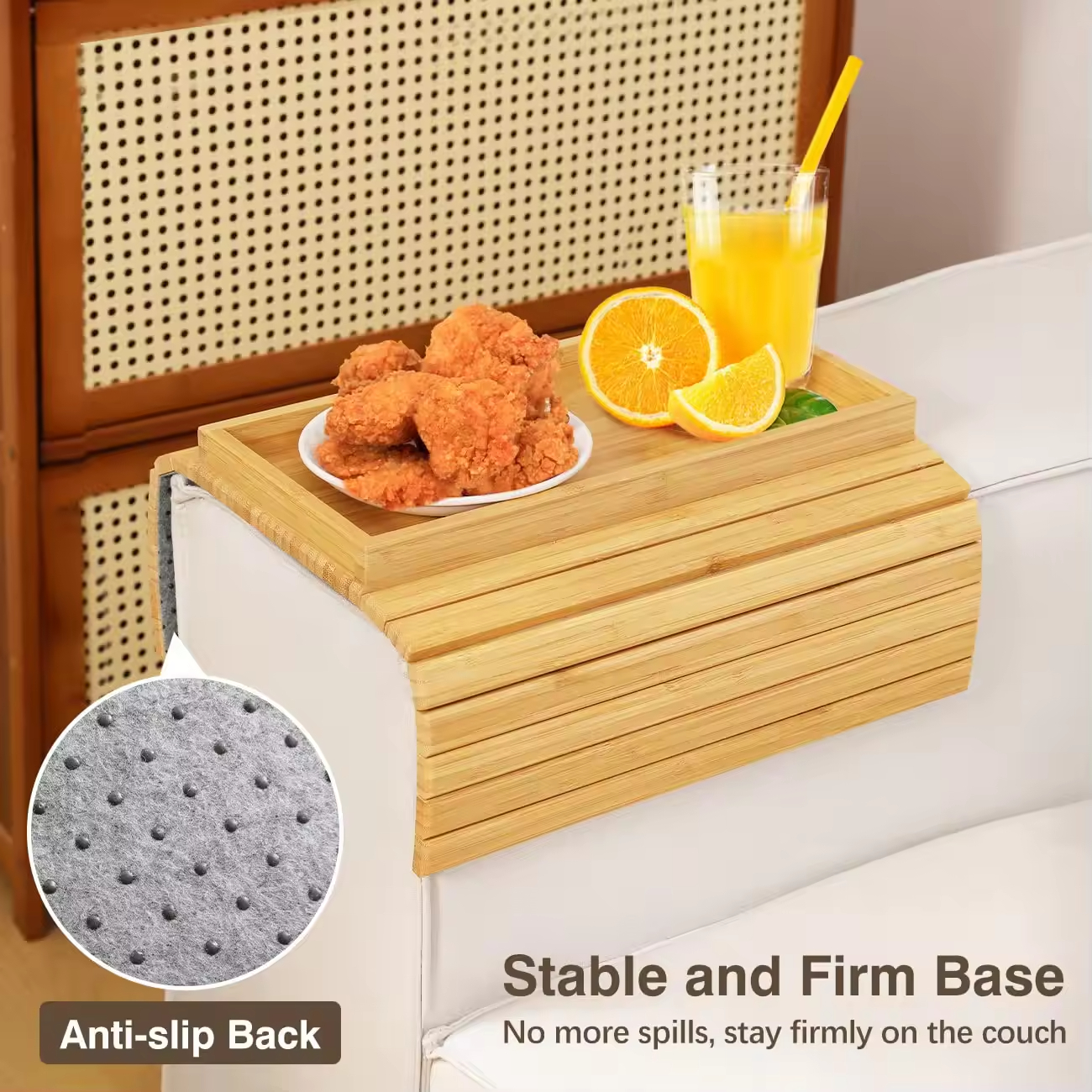 Bamboo Anti-Slip Sofa Arm Tray Table For Couch 