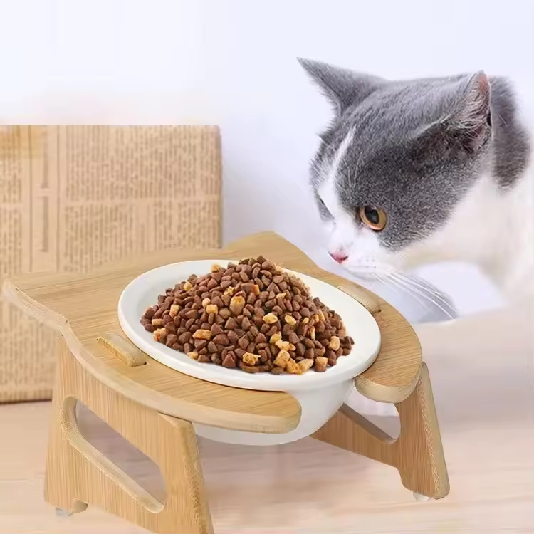Pet Bowls Cat Dog Bowl Slow Feeder Bamboo Stand Elevated Pet Feeder