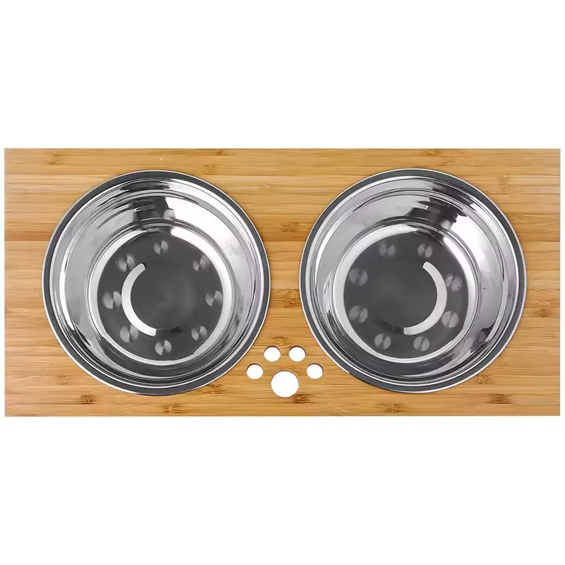 Bamboo Double Cat Food Bowl Dog Bowl Raised Stand Elevated Dog Feeder for Dogs and Cats Animal Feeders