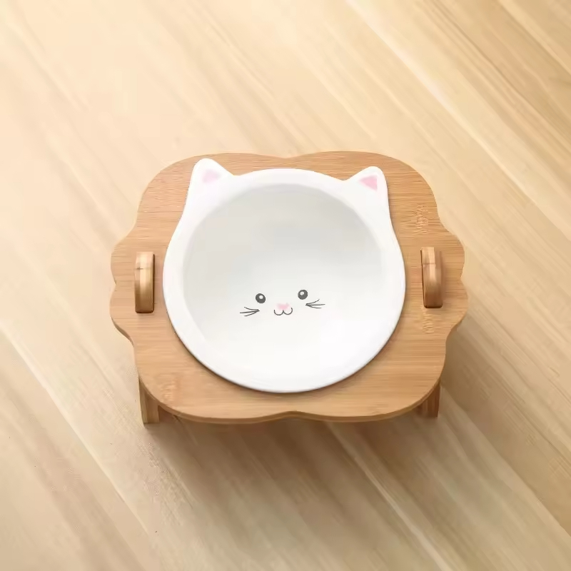Bamboo Cat Food Bowls Stand Elevated Feeder for Small Dogs and Cats Animal Feeders