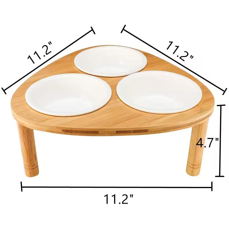 Triple Bowl Raised Stand Bamboo Pets Feeder 