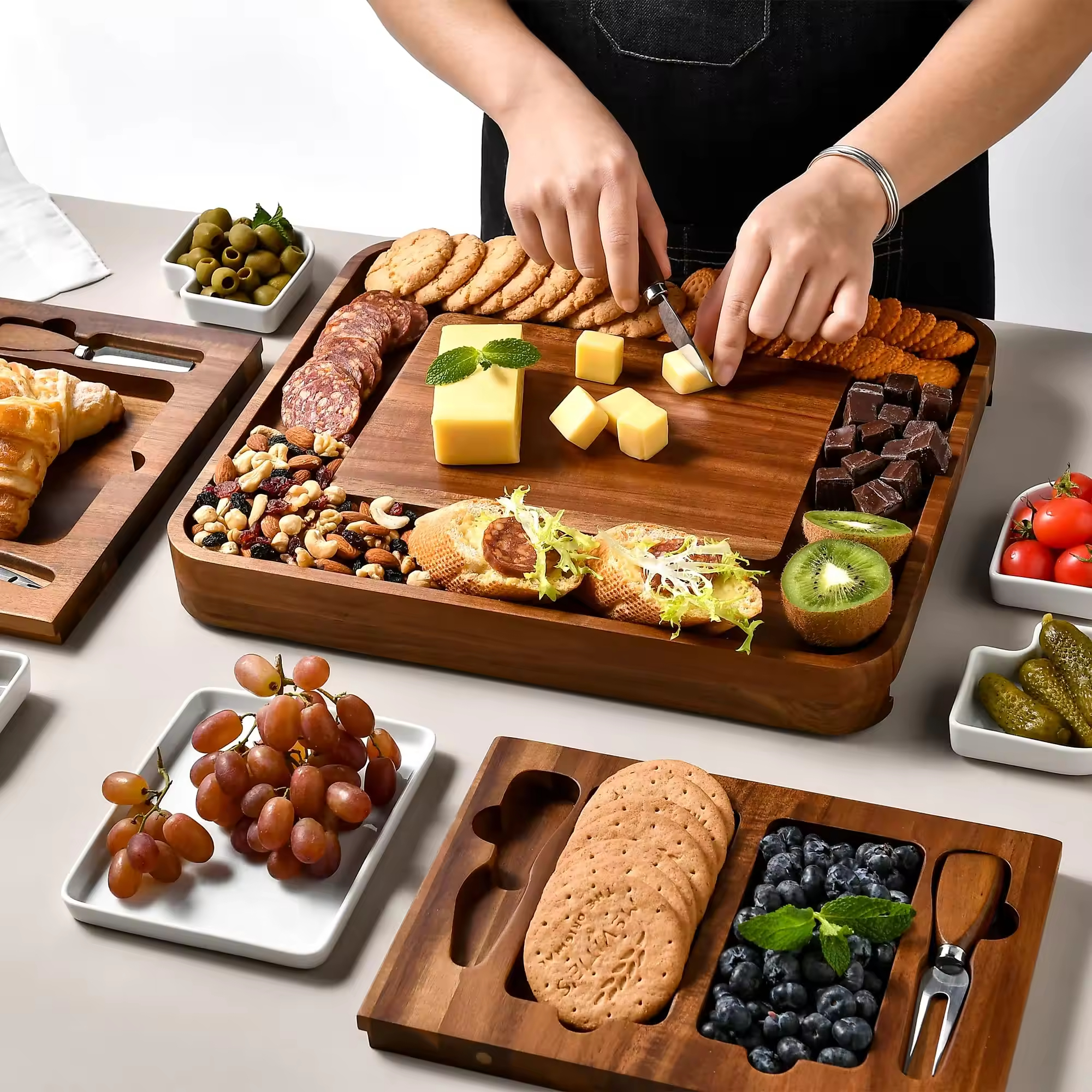 Marble Cheese Board Set with 3 Ceramic Bowls Wood & Bamboo Stainless Steel Cutlery for Any Occasion Gift