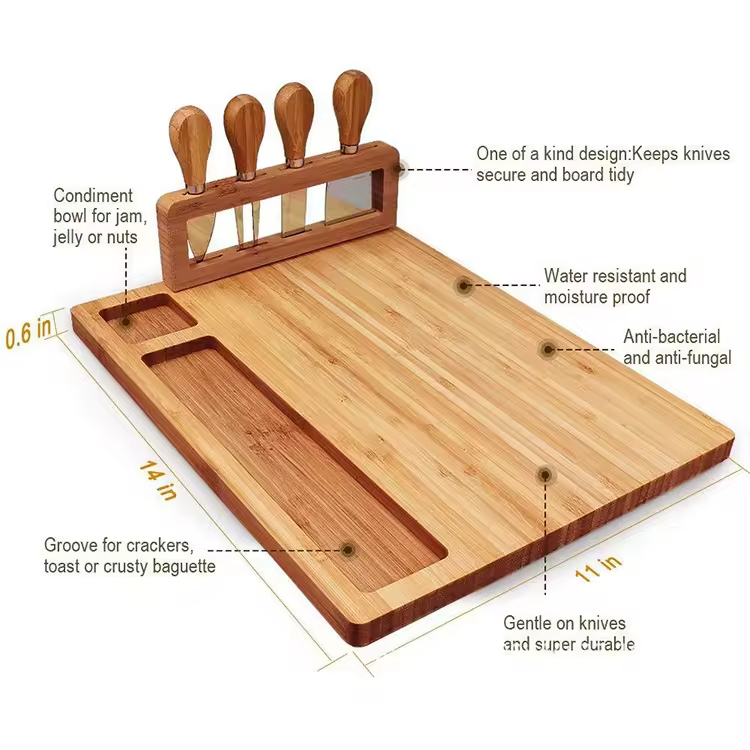 Wholesale Custom Logo Wood Bamboo Charcuterie Board Meat Cheese Platter Serving with Cutlery Set
