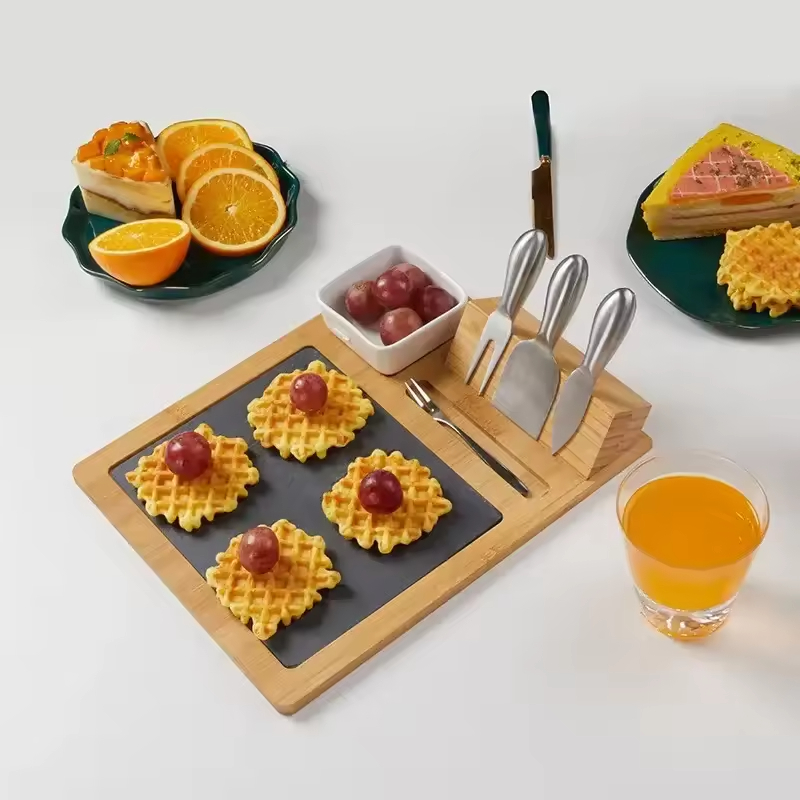 Wholesale Bamboo Cheeseboard and Knife Set Black Slate Serving Tray for Chopping Food Wood Cutting Board