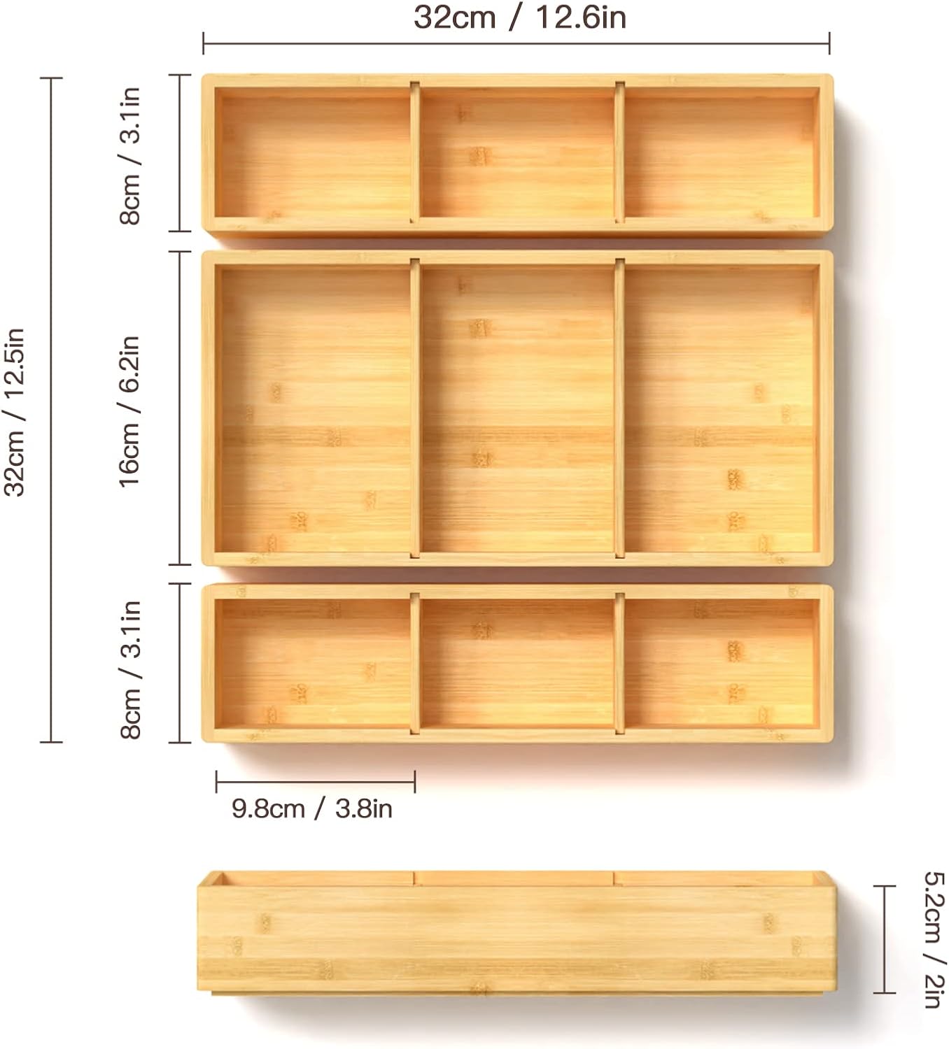  Adjustable 3 Individual Bamboo Drawer Organizer 