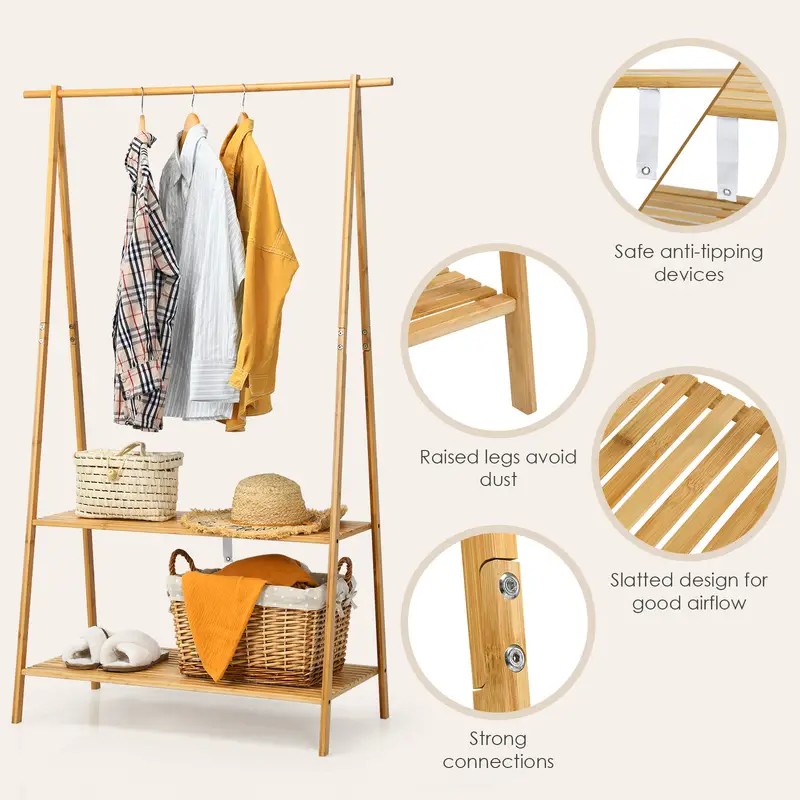 Minimalist Bamboo Garment Rack with Shelving
