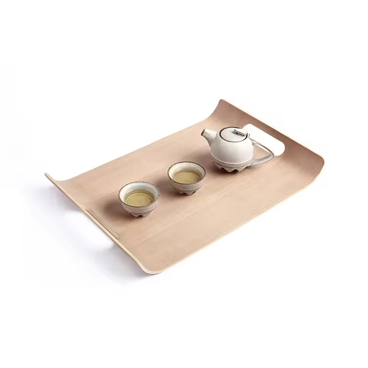 Anti slip Bent Wooden Snack Serving Tray Set With Handles Dinnerware