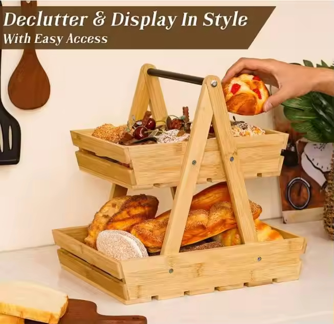 Wood Fruit Basket, Fruit Bowl, 2 Tier Bamboo Fruit Stand for Kitchen Counter Top, Large Capacity Storage Holder