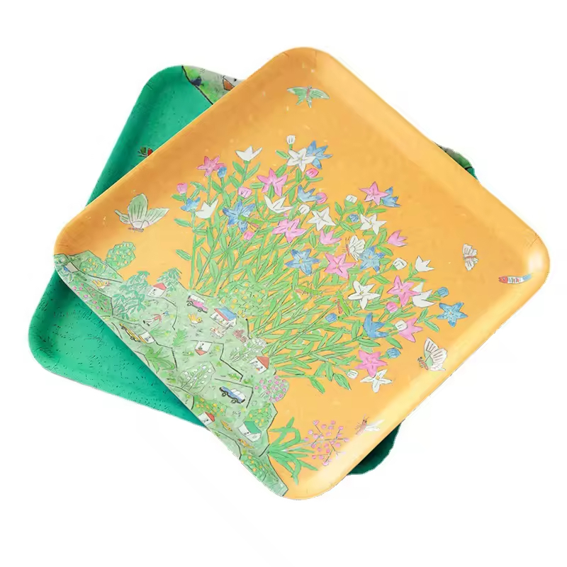 Floral Printing Bent Serving Tray for Dinner Plates Coffee