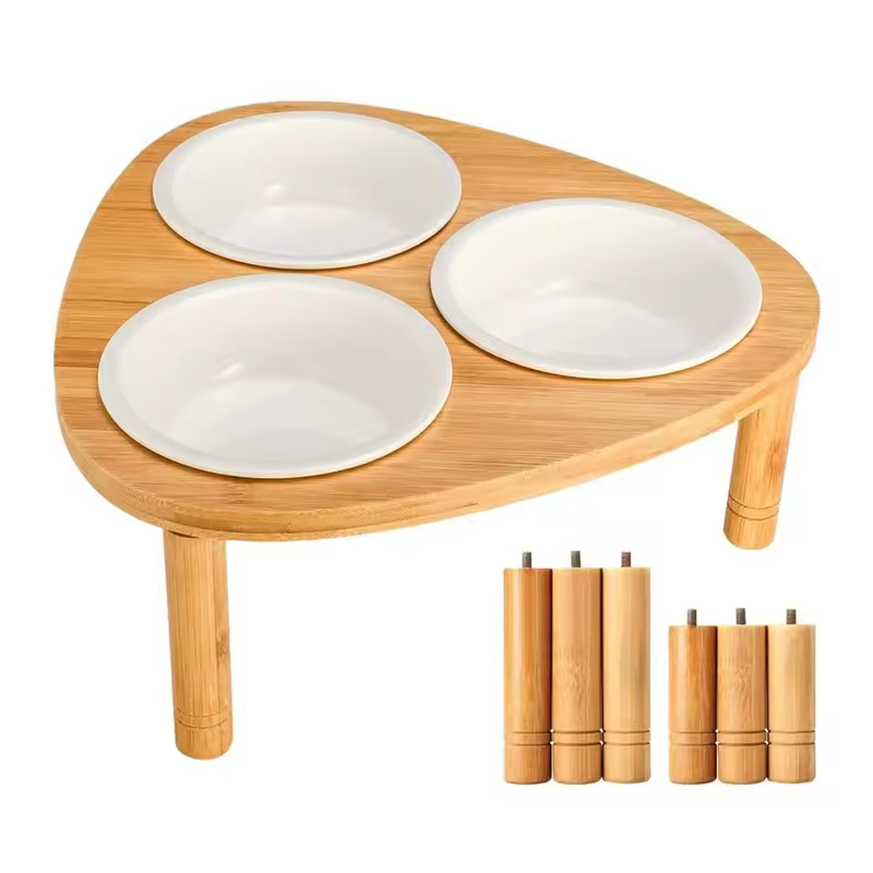 Triple Bowl Raised Stand Bamboo Pets Feeder 