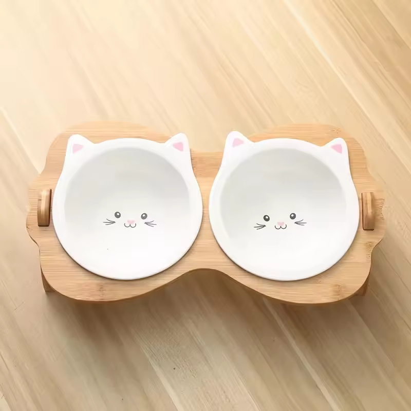 Bamboo Cat Food Bowls Stand Elevated Feeder for Small Dogs and Cats Animal Feeders