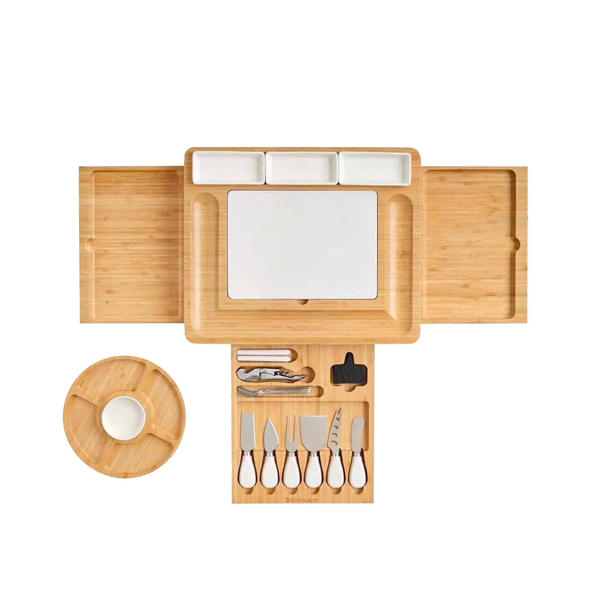 Durable Bamboo Cheese Charcuterie Board Set With Marble Meat Food Plate Gift Set With Slide-Out Drawer Knife