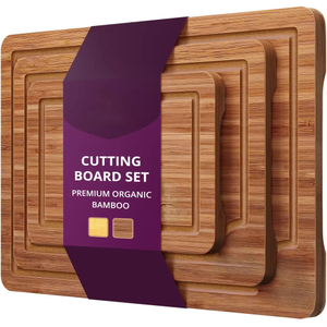 3-Piece Set Deep Carbonized Bamboo Wood Cutting Boards Durable Juice Grooves Large Handle Easy Use Pizza Meat Chopping Kitchen