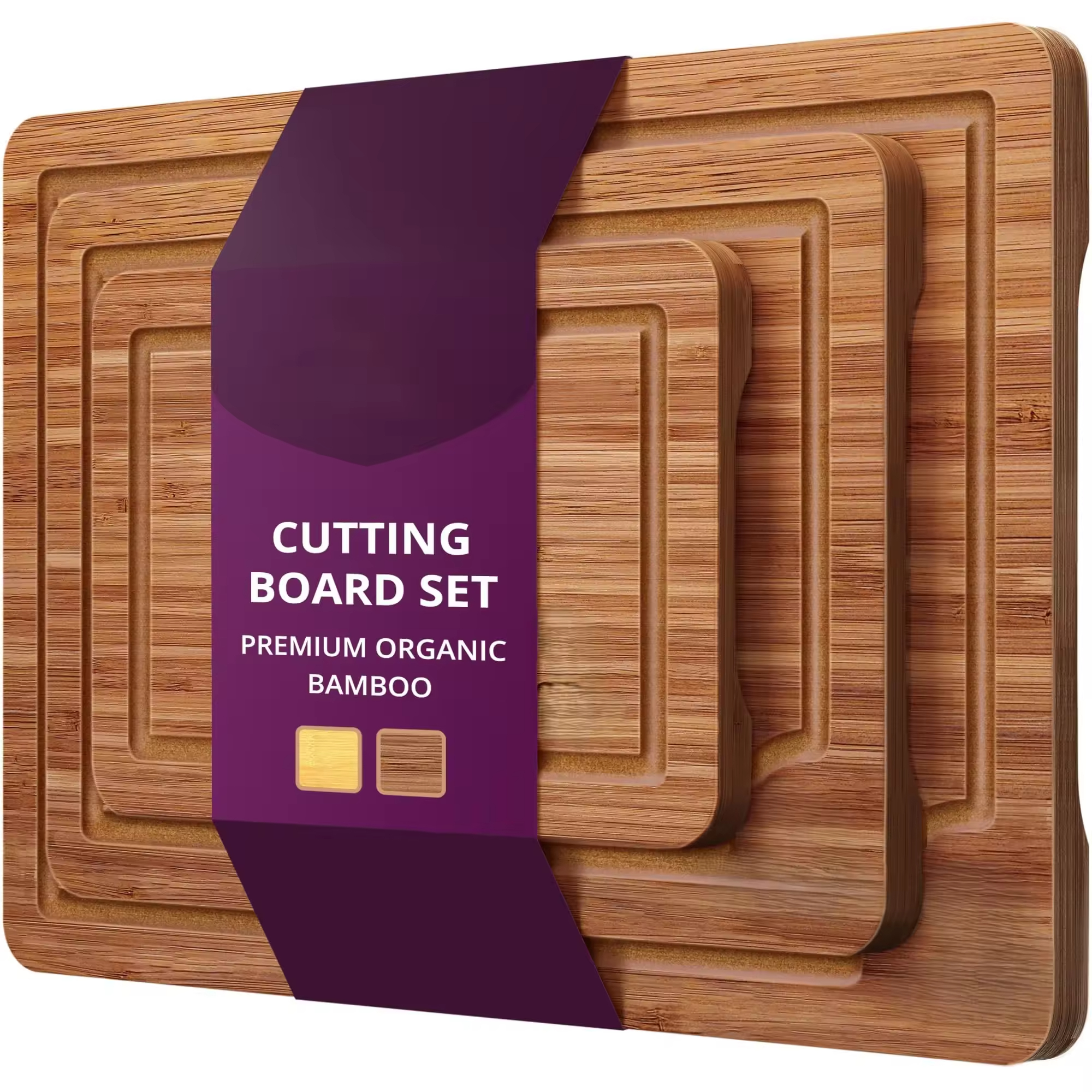 3-Piece Set Deep Carbonized Bamboo Wood Cutting Boards Durable Juice Grooves Large Handle Easy Use Pizza Meat Chopping Kitchen