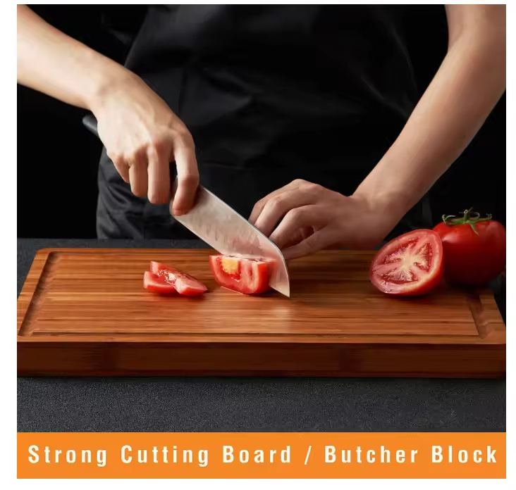 Organic Large Bamboo Cutting Board for Meat Kitchen Cheese Charcuterie Chopping Block Board with Side Handles and Juice Grooves