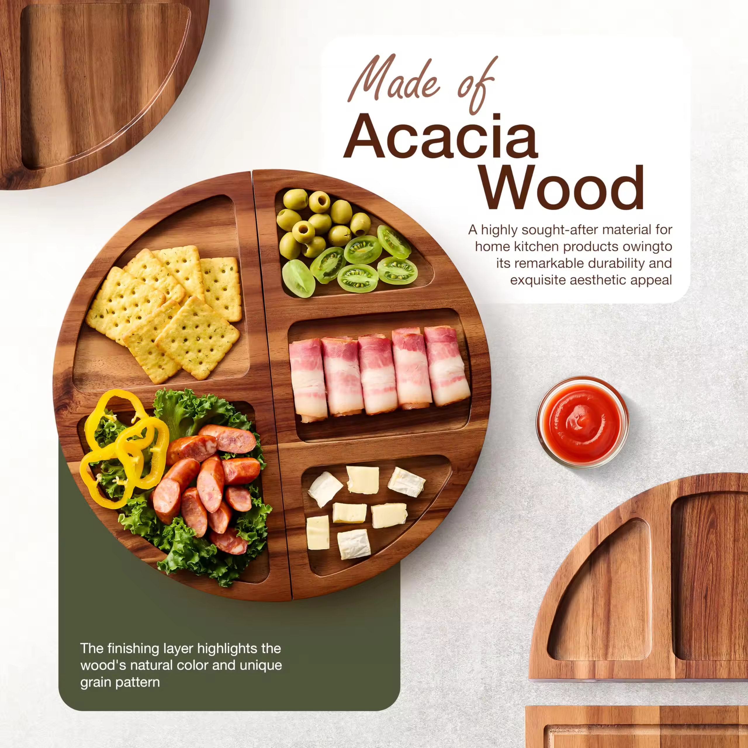 30 Inch Large Acacia Wood Charcuterie Board with 4 Knives Set, Magnetic - 3 Parts Wooden Round Tray for Cheese