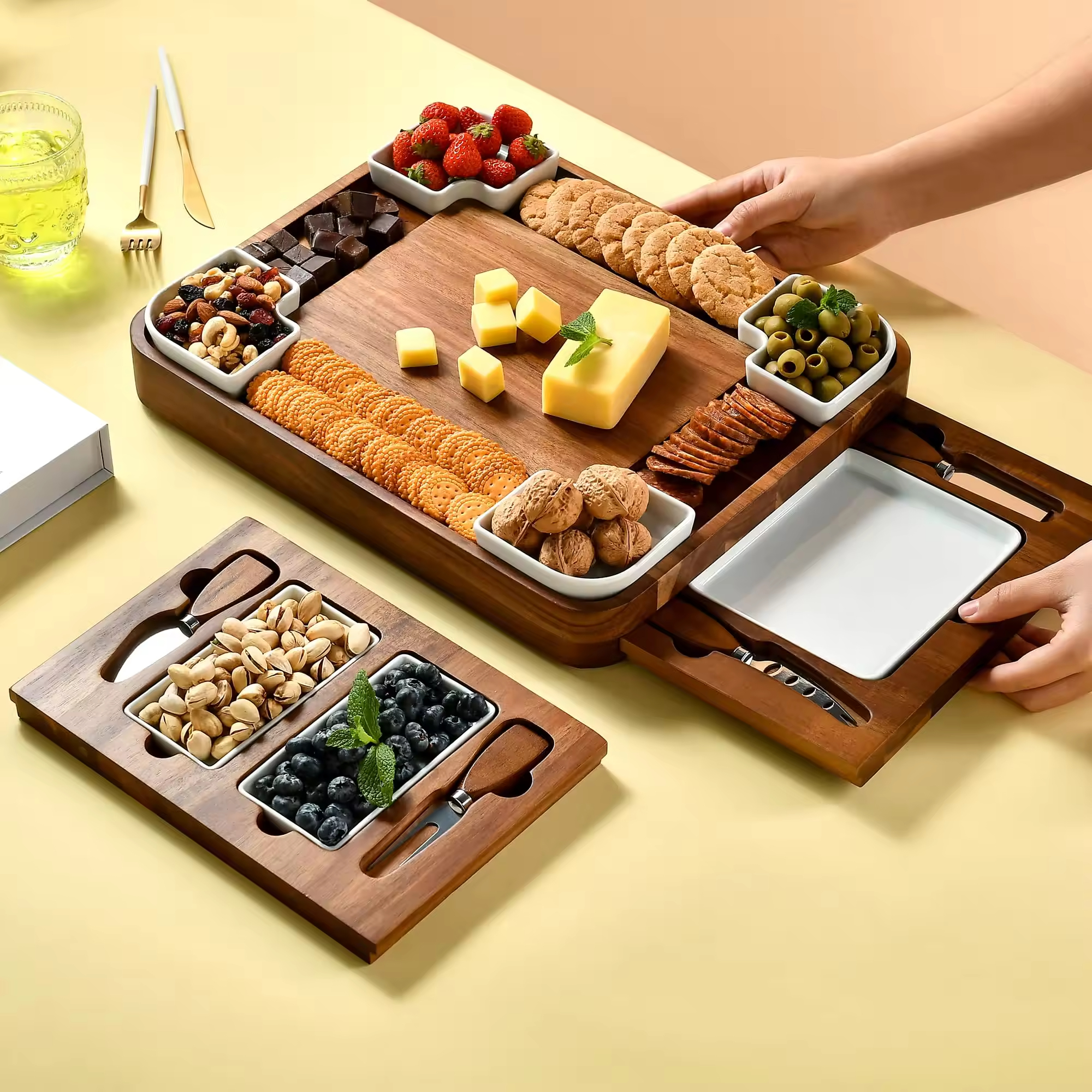 Marble Cheese Board Set with 3 Ceramic Bowls Wood & Bamboo Stainless Steel Cutlery for Any Occasion Gift