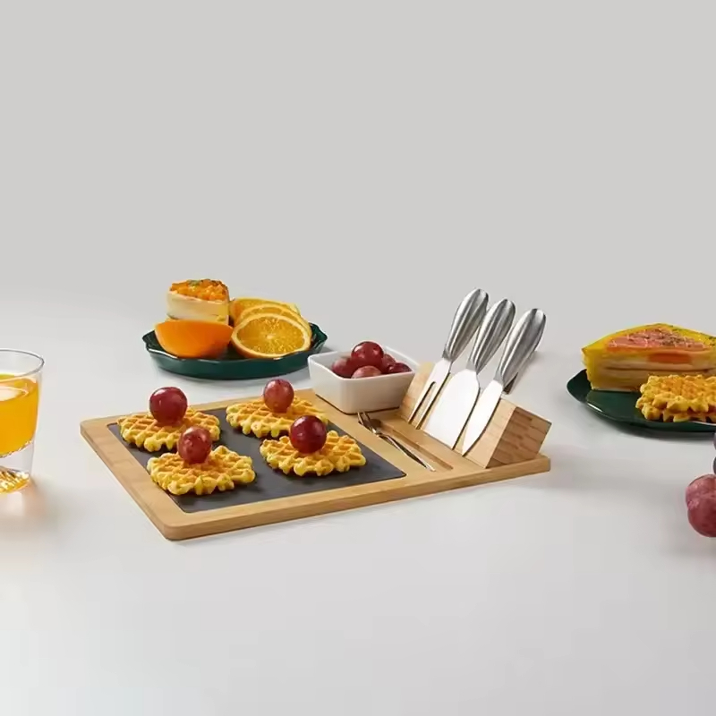 Wholesale Bamboo Cheeseboard and Knife Set Black Slate Serving Tray for Chopping Food Wood Cutting Board