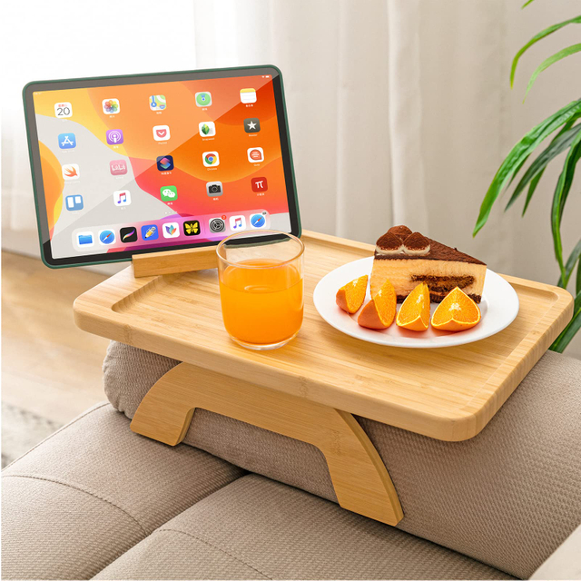 Natural Bamboo Couch Tray with Flexible Silicone Strip