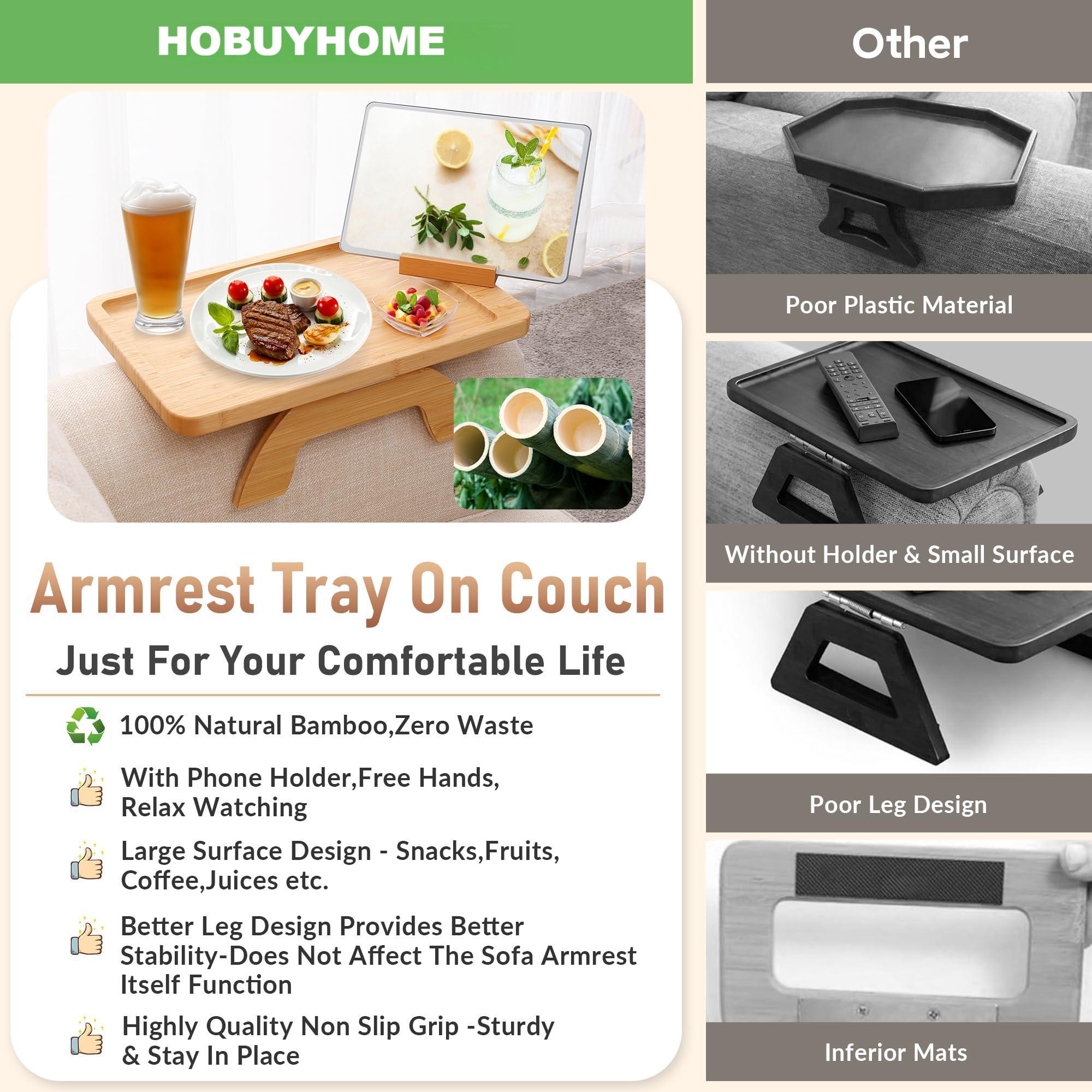 Natural Bamboo Couch Tray with Flexible Silicone Strip
