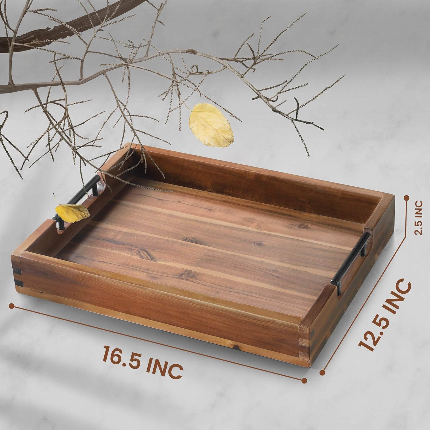 Wood Serving Tray with Black Metal Handles