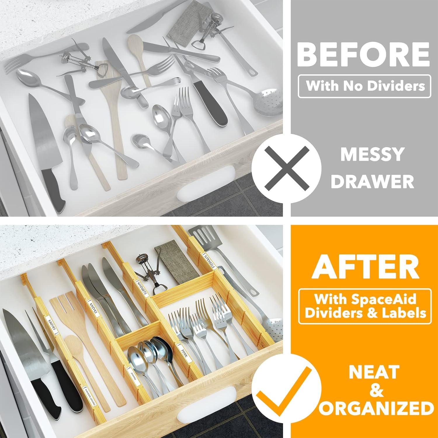 Bamboo Drawer Dividers with Inserts and Labels