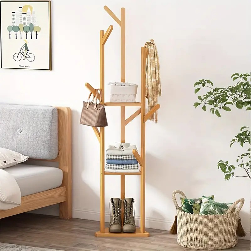 Bamboo Tree-Shaped Coat Rack with Storage Shelves