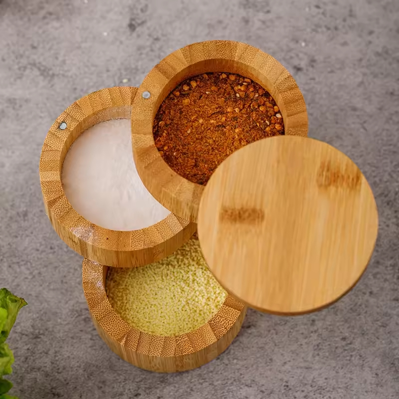 Wooden Seasoning Storage Round Box With Lids 