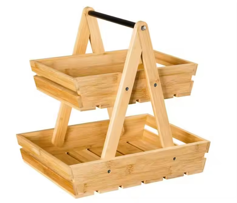 Wood Fruit Basket, Fruit Bowl, 2 Tier Bamboo Fruit Stand for Kitchen Counter Top, Large Capacity Storage Holder