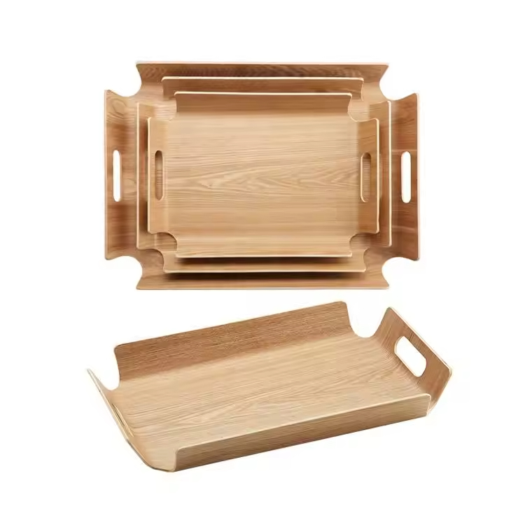 Wholesale Curved Wood Willow Walnut Plywood Tray Wooden Serving Tray With Handle Dinner Plates Bakery Coffee Wooden Tray