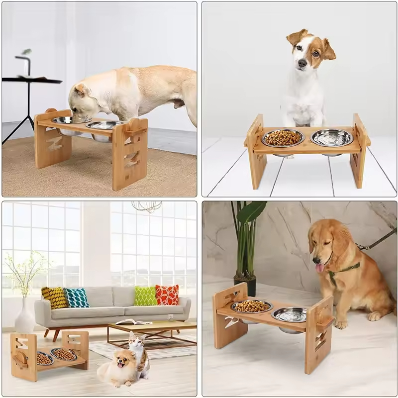 Bamboo Pet Bowls Elevated Slanted Feeding Bowl Raised Tilted Dog Bowl
