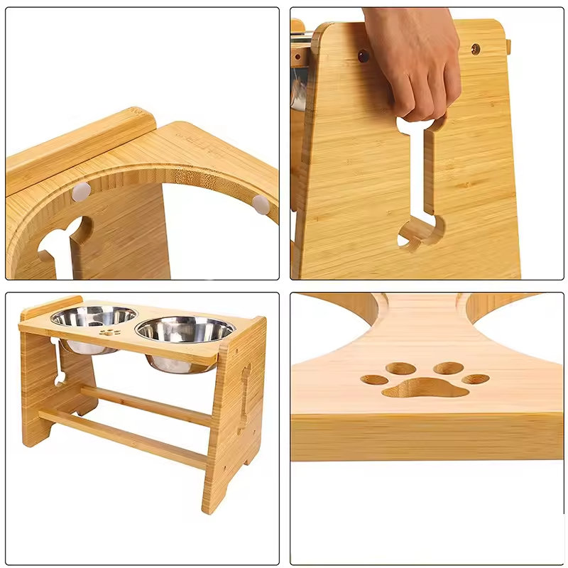 Bamboo Double Cat Food Bowl Dog Bowl Raised Stand Elevated Dog Feeder for Dogs and Cats Animal Feeders