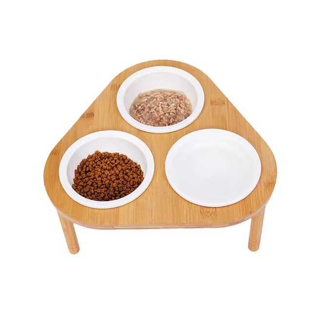 Triple Bowl Raised Stand Bamboo Pets Feeder 