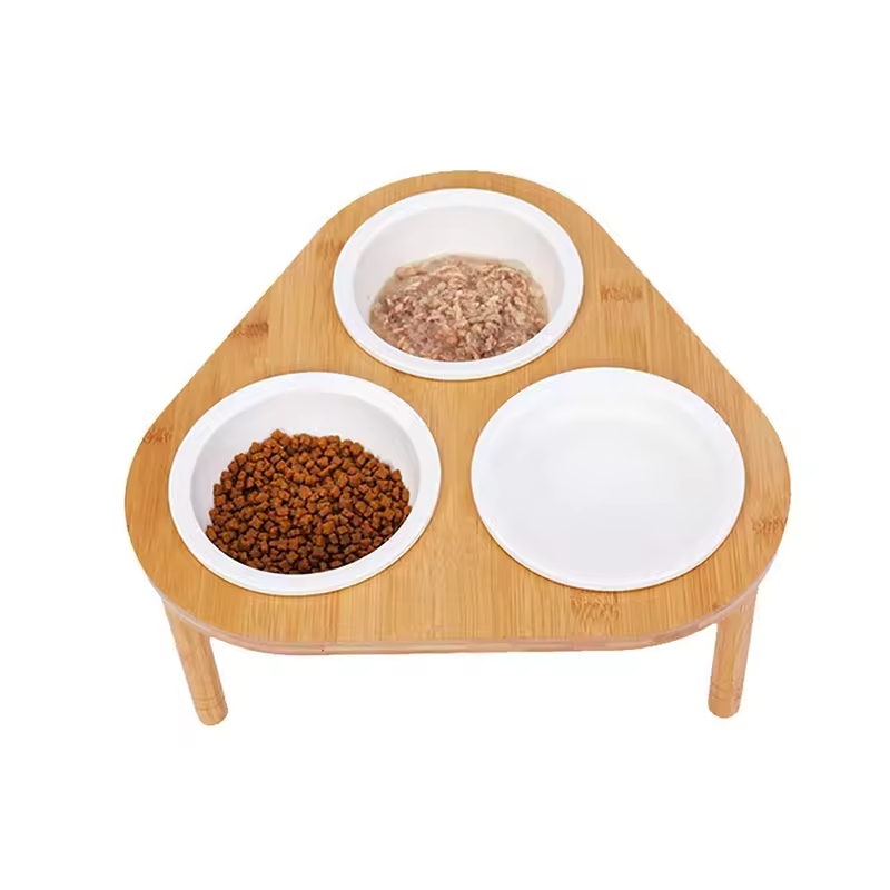 Triple Bowl Raised Stand Bamboo Pets Feeder 