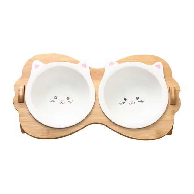 Bamboo Cat Food Bowls Stand Elevated Feeder for Small Dogs and Cats Animal Feeders