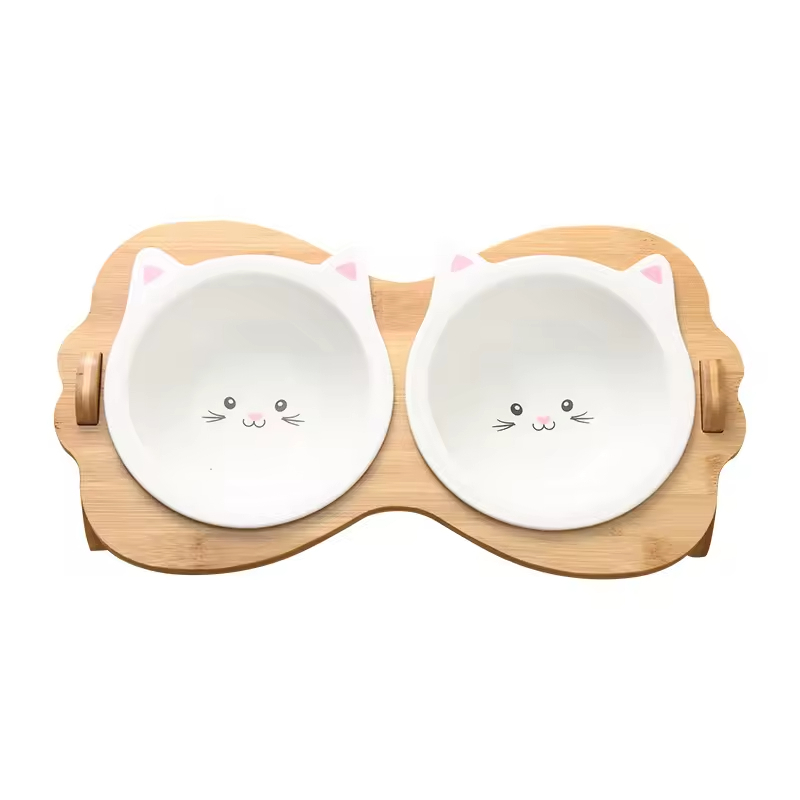 Bamboo Cat Food Bowls Stand Elevated Feeder for Small Dogs and Cats Animal Feeders