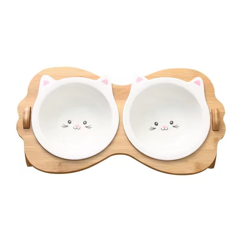 Bamboo Cat Food Bowls Stand Elevated Feeder for Small Dogs and Cats Animal Feeders
