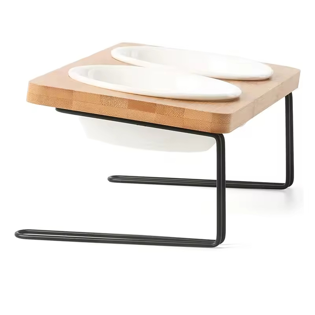Bamboo Water Stand Feeder Raised Cat Food Bowl 