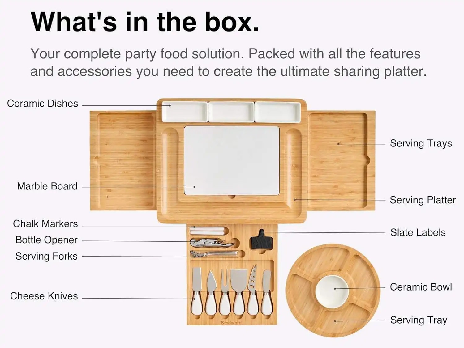 Durable Bamboo Cheese Charcuterie Board Set With Marble Meat Food Plate Gift Set With Slide-Out Drawer Knife