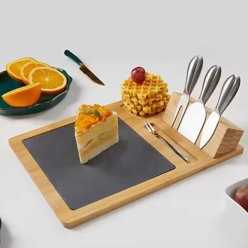 Wholesale Bamboo Cheeseboard and Knife Set Black Slate Serving Tray for Chopping Food Wood Cutting Board