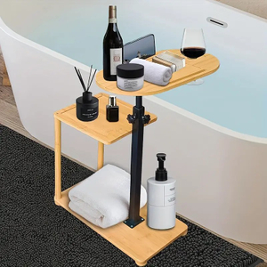Adjustable Bamboo Bathtub Caddy with Wine Glass Holder