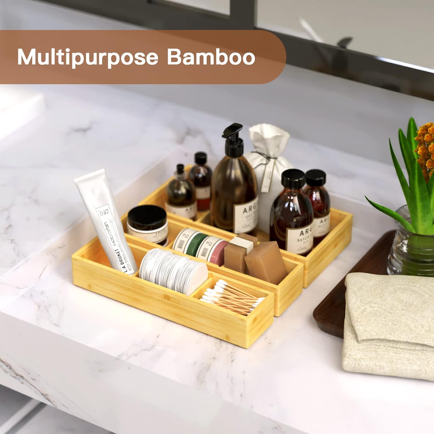  Adjustable 3 Individual Bamboo Drawer Organizer 