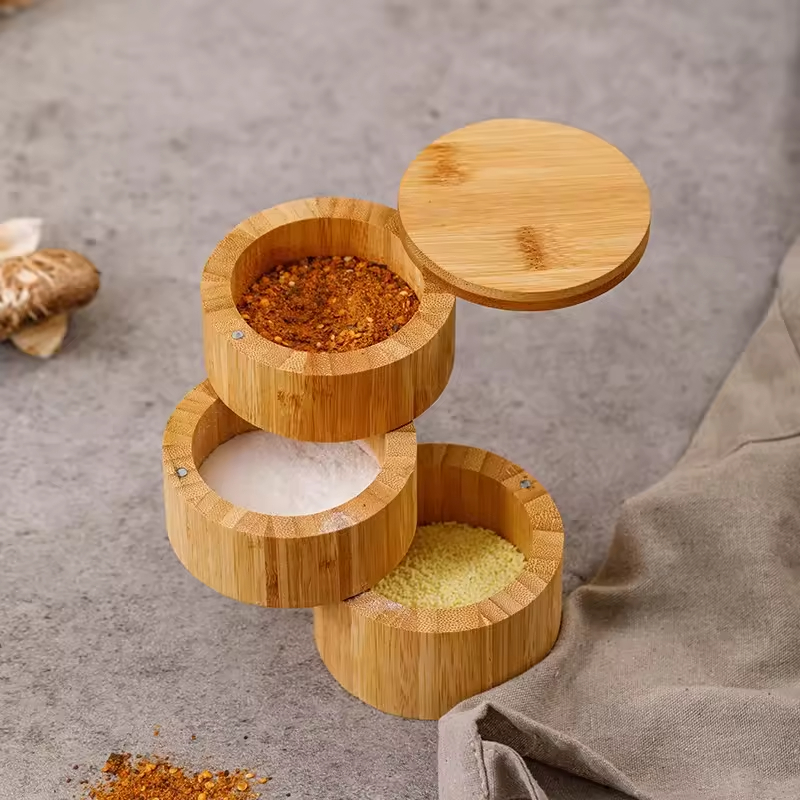 Wooden Seasoning Storage Round Box With Lids 